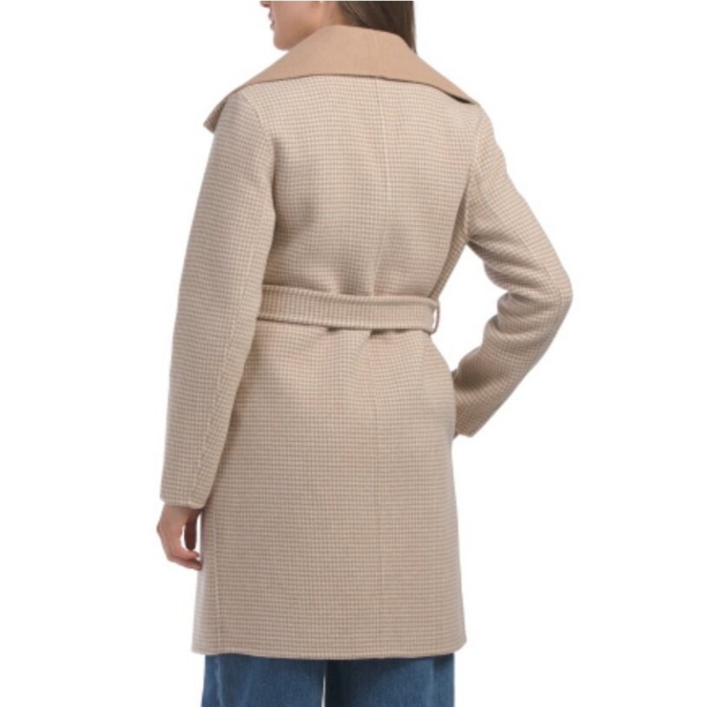 ELIE TAHARI Wool Mini Houndstooth Oversized tan brown Collar Belted Wrap Coat L - Picture 2 of 9